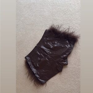 Brown Feather Trim Leather Shorts
